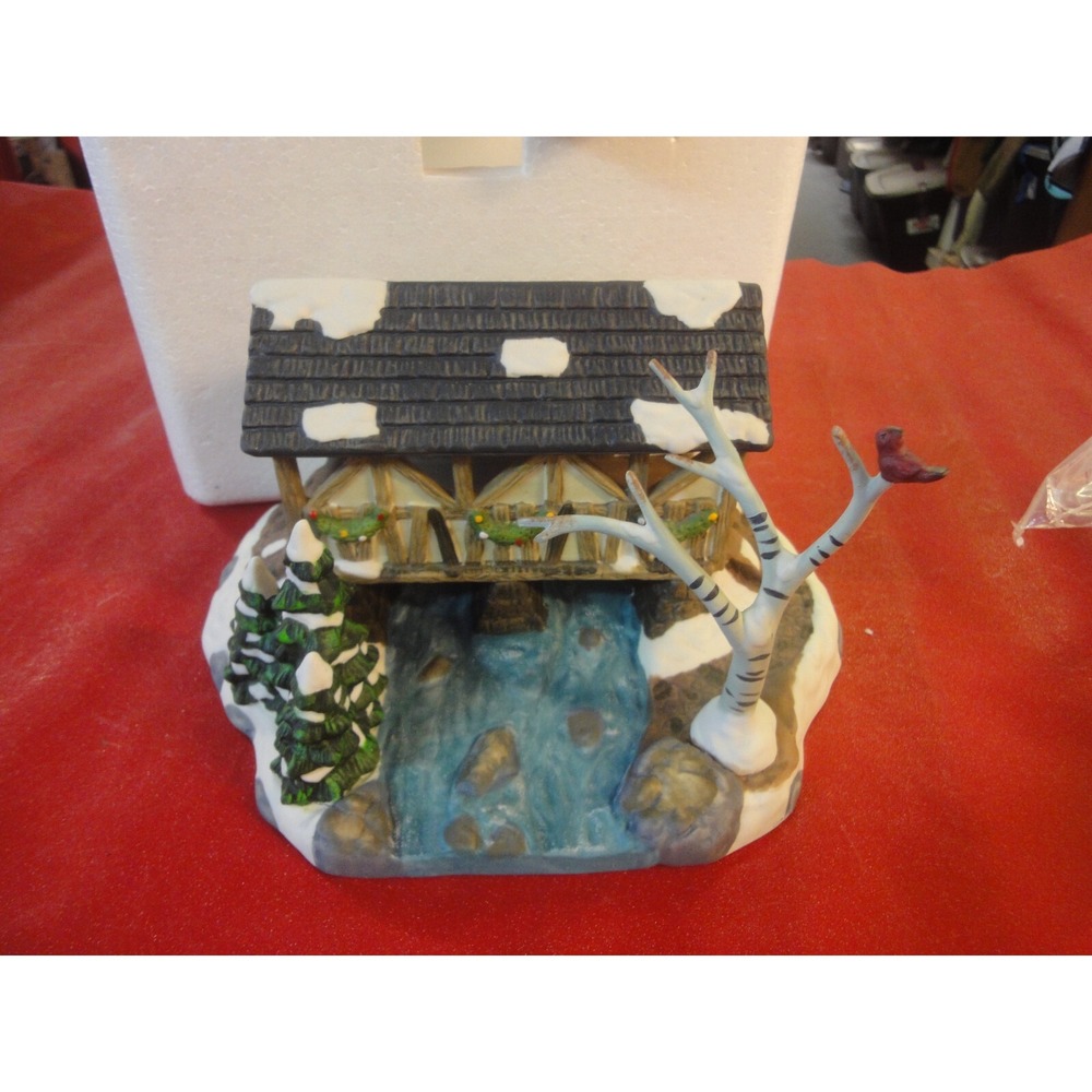 1997 Dickens Collectibles Handpainted porcelain Covered bridge w/ tree Christmas